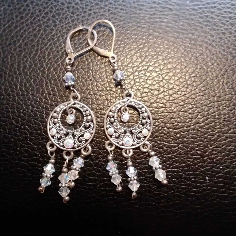 Handmade Crystal .925 Silver Drop Earrings Dangle Irridescent Boho Gypsy